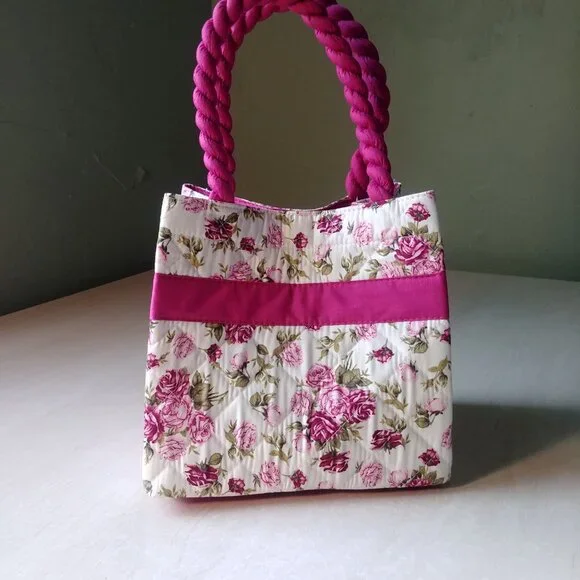 100% cotton white with pink and green floral pattern tote bag - Picture 5 of 13